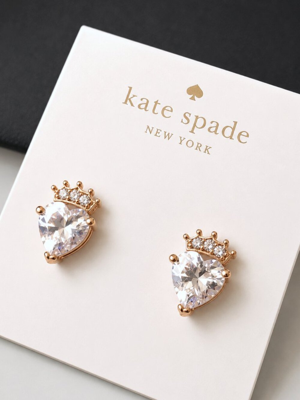 Kate Spade Crystal Heart Crown Stud Earrings Gold Tone Princess Jewelry